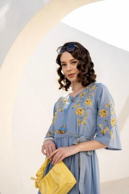 Sky Serenity: Pure Soft Cotton Floral Embroidered Frock