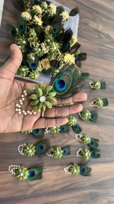 Peacock Feather Floral Barat Brooch (Set of 12) – Decorative Wedding Safa & Dress Accessory