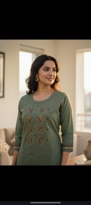Emerald Grace: Hand-Embroidered Mirror Work Cotton Kurti