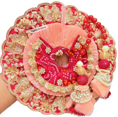 Kanha Ji Peach & Red Designer Poshak with Mukut (6 Inch) – Traditional Laddu Gopal Dress Set