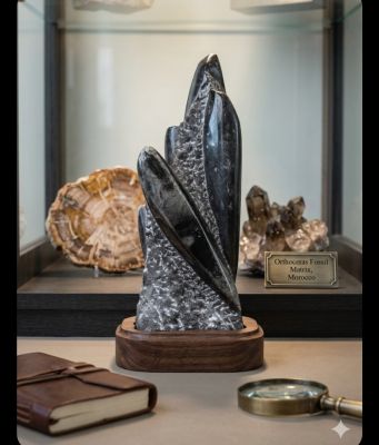 Sacred Shaligram Kuber Stone – Authentic Orthoceras Fossil Matrix on Wooden Stand for Wealth, Vastu & Divine Abundance