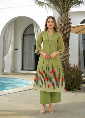 Olive Breeze: Contemporary Mul Cotton Kurti & Palazzo Set